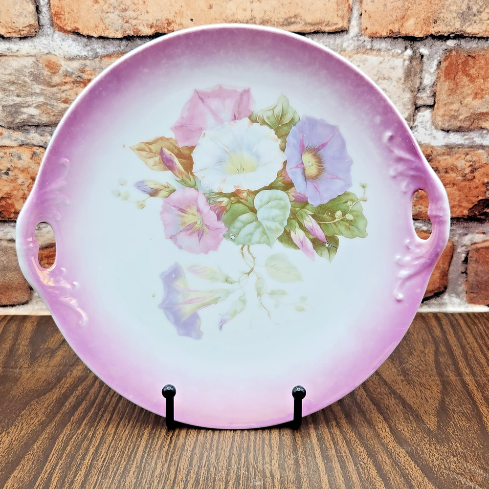 Vintage German Porcelain Morning Glories Pink Purple Floral 282 Handled 8.75"